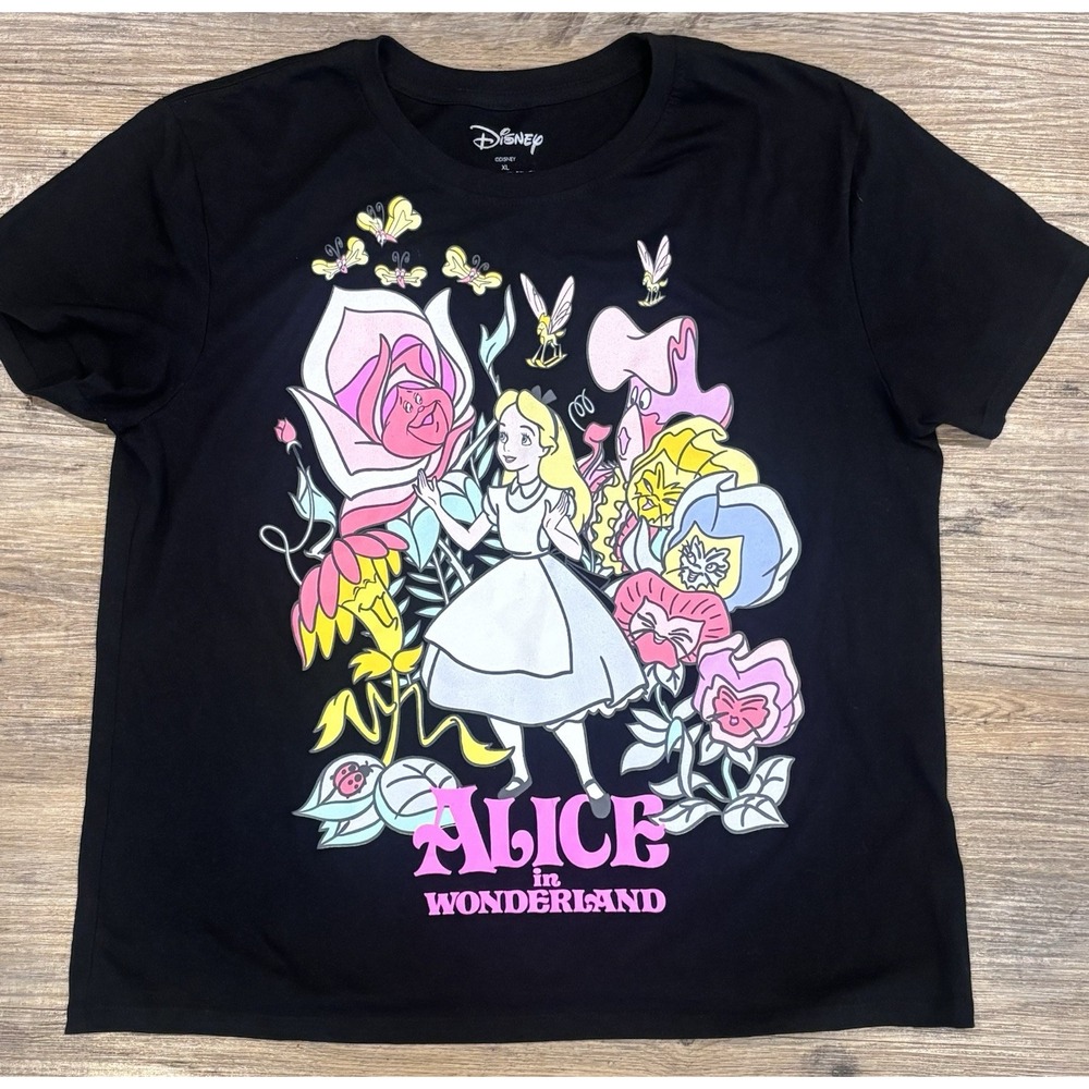 Disney Alice in Wonderland Floral Graphic T-Shirt Black Women's XL Fantasyland‎